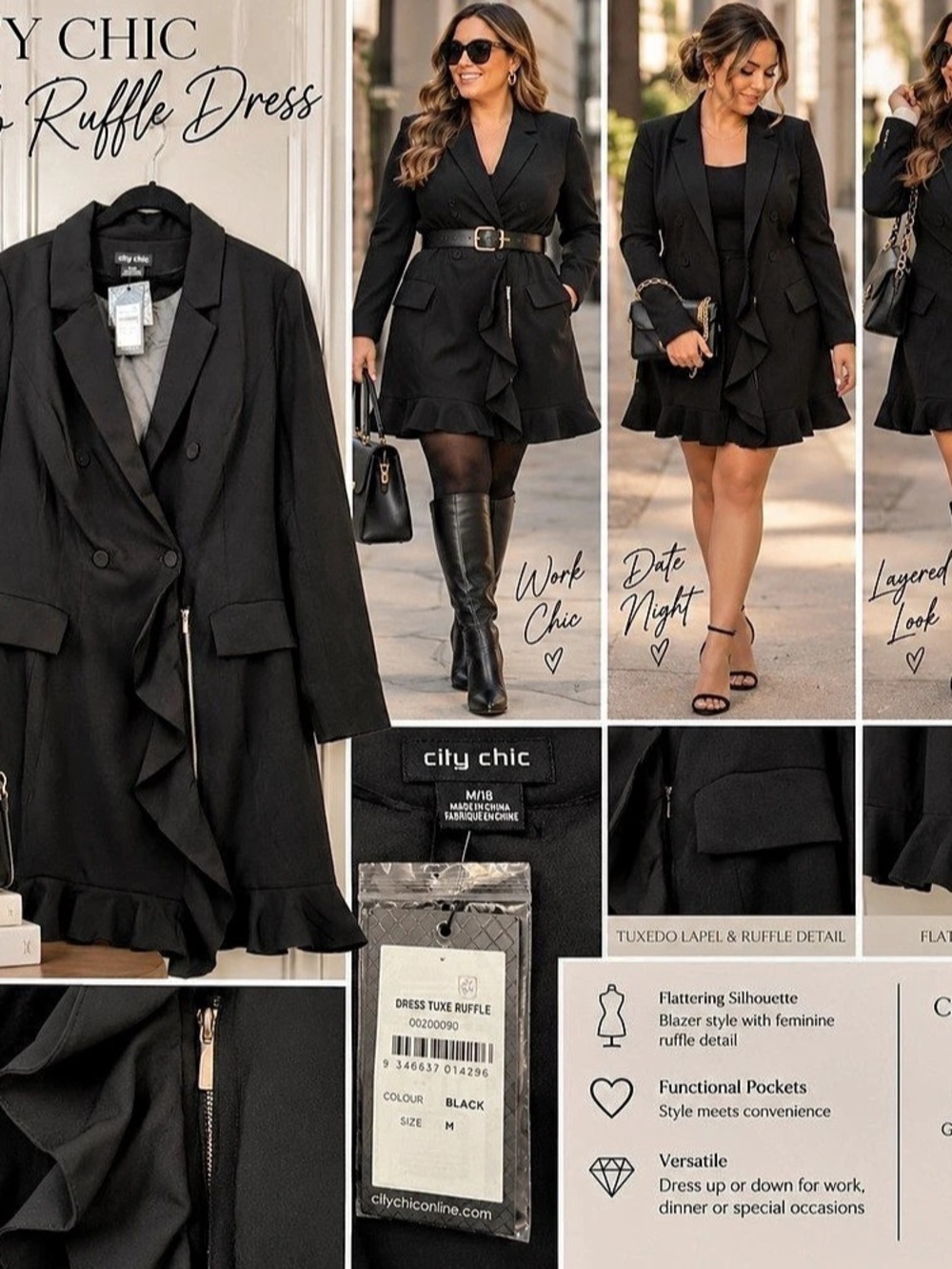 City Chic Dress Tux Ruffle Black Mini Dress Size 18 NWT
